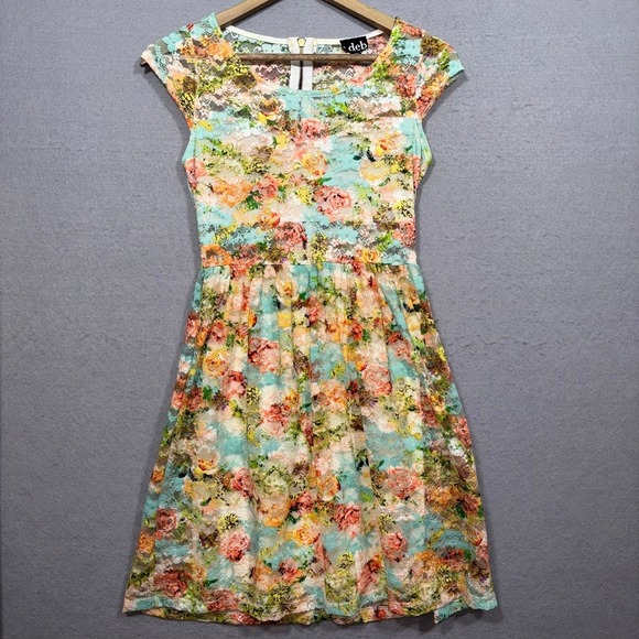 Deb Dresses & Skirts - Vintage Deb Dress Womens Small‎ Floral Mesh Fit and Flare